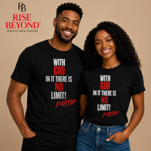 Young Black man and woman wearing the Rise Beyond™ With God There Is No Limit – Faith Christian T-Shirt with official Rise Beyond™ branding.